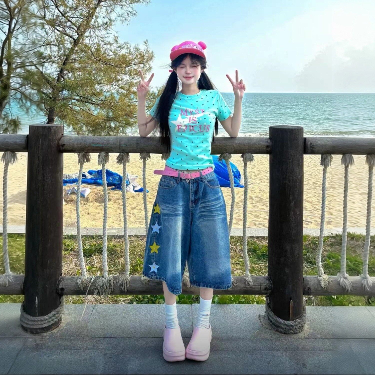 夏日多巴胺小个子牛仔七分裤套装图片