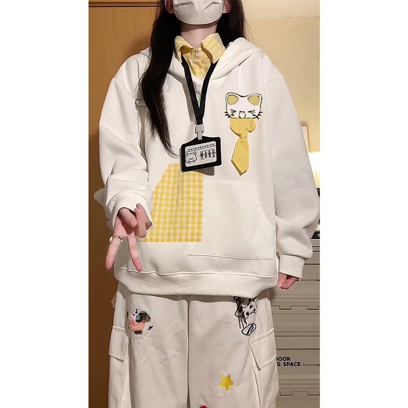 刺绣小猫格子假两件卫衣女秋季新款甜美宽松加绒学院风polo领上衣