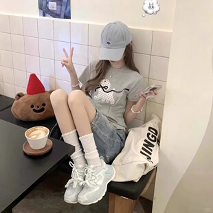 美式复古波点小狗刺绣短袖t恤女2026新款夏季修身小个子短款上衣