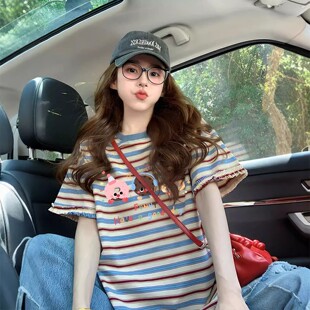 初中高中学生花边条纹短袖t恤女2026新款夏季韩版宽松小个子上衣