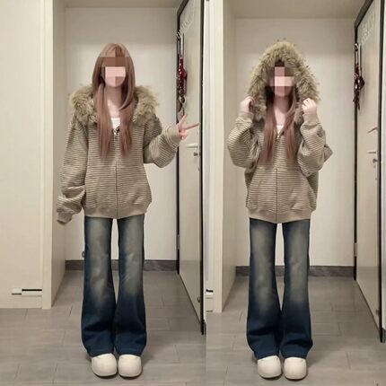 巨好看早秋一整套女秋冬条纹毛领卫衣外套牛仔裤两件套高级感套装