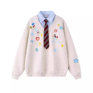 假两件可爱小狗刺绣Polo领卫衣女韩系学院风宽松加绒拼接衬衫上衣