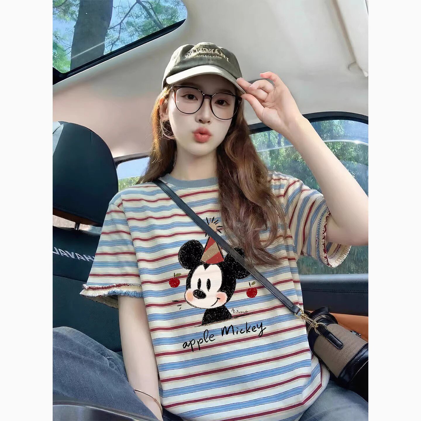 红蓝条纹卡通纯棉短袖t恤女夏季2026新款宽松慵懒高级感减龄上衣