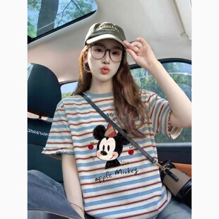 宽松慵懒高级感减龄上衣 2026新款 红蓝条纹卡通纯棉短袖 t恤女夏季