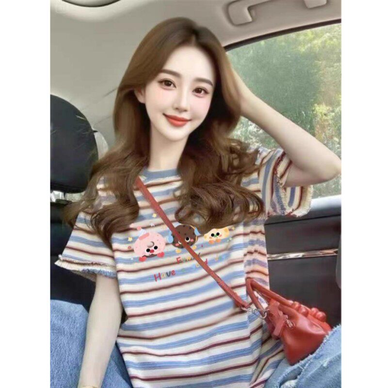 初中高中学生花边条纹短袖t恤女2026新款夏季韩版宽松小个子上衣