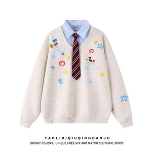 卡通小狗涂鸦假两件POLO领卫衣女秋冬加绒学院风宽松领带情侣上衣