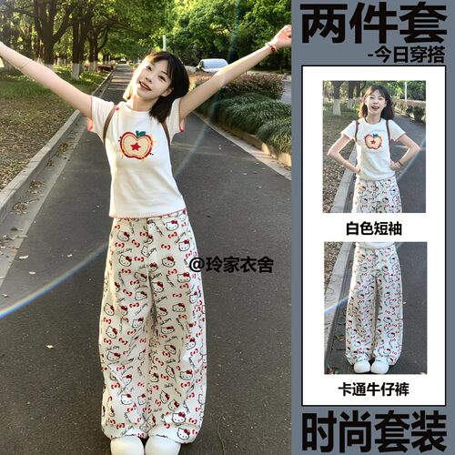 夏季韩系一整套ootd穿搭今年流行苹果短袖T恤+猫咪牛仔裤两件套女