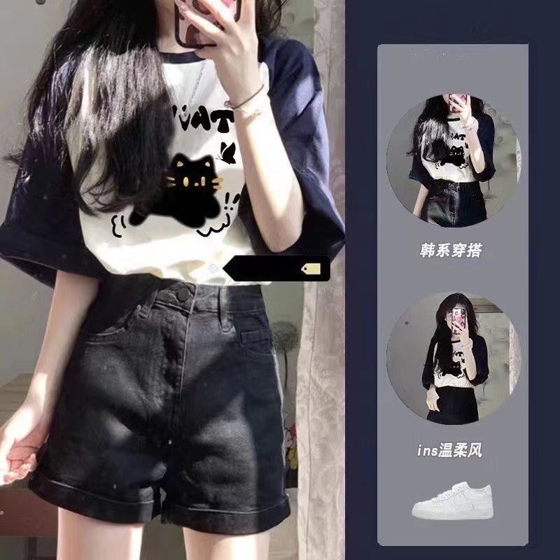 网红爆款插肩拼接短袖T恤套装夏季2026新款学生休闲短裤两件套女