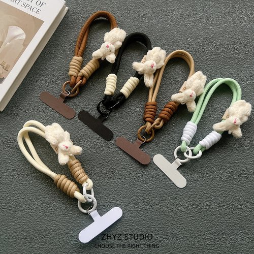 手机挂绳秋冬卡通毛绒小兔子编织手提短绳手腕带夹片手机壳钥匙扣