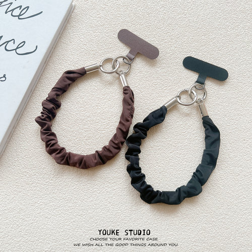 高级感棕色黑色褶皱挂绳短款手腕短绳带夹片手机壳CCD相机手提女