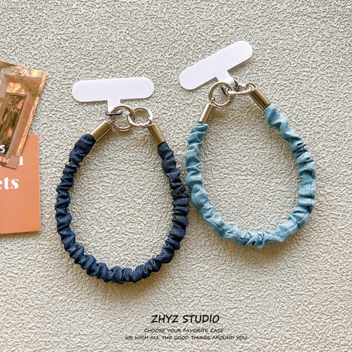 手机挂绳短款褶皱个性创意牛仔纹手腕带短绳钥匙扣ccd相机手提女