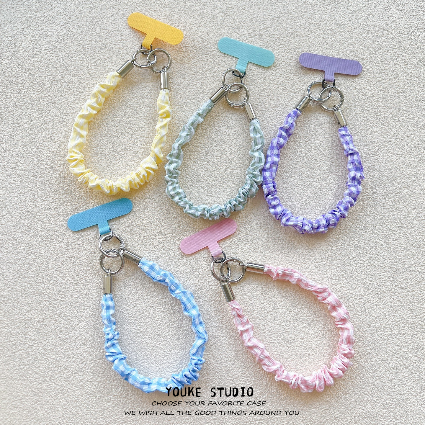 ins法式格子褶皱布挂绳短款手腕短绳带夹片手机壳CCD相机手提挂链