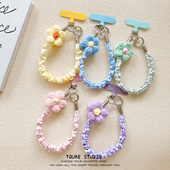 ins高级针织花朵褶皱短绳手腕绳带夹片手机壳挂绳短款 手绳ccd相机