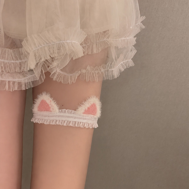 可爱白色猫耳朵毛绒腿环女甜美蕾丝荷叶边大腿环lolita jk软妹