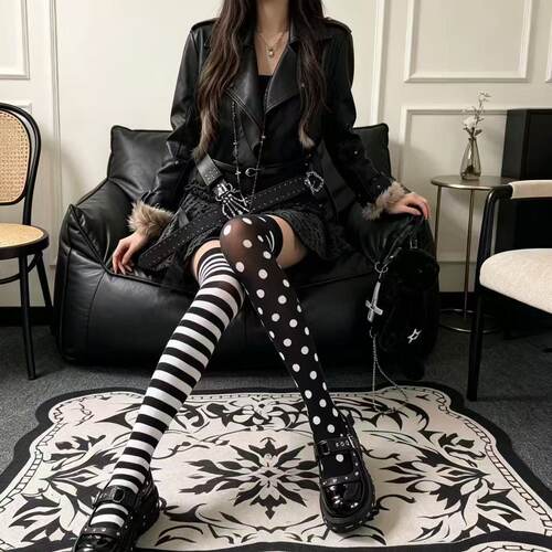 哥特暗黑波点AB款过膝长筒袜女