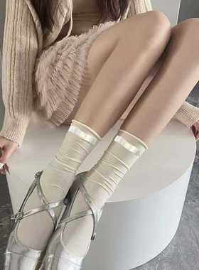 白色一字蝴蝶结中筒袜子女夏季薄款天鹅绒jk堆堆袜玛丽珍小腿袜子