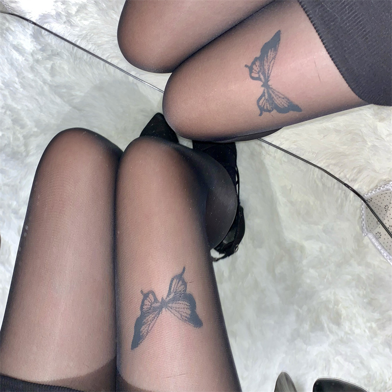黑丝主流新黑色蝴蝶结丝袜女性感黑丝纯欲连裤袜可爱印花jk洛丽塔