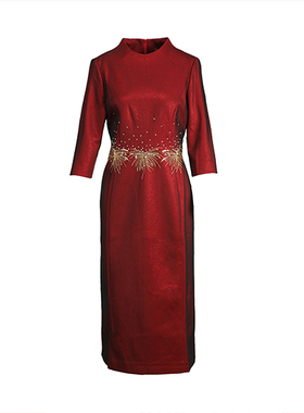 慕天姿专柜宴会上档次女装高端气质轻奢礼服酒红色连衣裙-17771