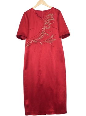 六礼宴会上档次女装高端轻奢喜婆婆品牌礼服酒红色连衣裙-17017