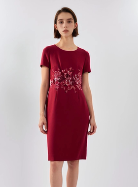 【慕天姿】专柜折扣女装高端百搭气质时尚百搭深红色连衣裙17589