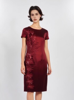 慕天姿专柜品牌折扣婚宴高贵新款洋气通勤酒红色女装连衣裙-17655