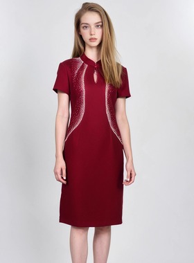 六礼专柜宴会上档次女装高端轻奢喜婆婆品牌礼服酒红连衣裙-17785