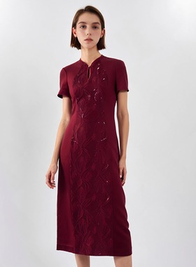 慕天姿精选品牌女装高端时尚气质百搭酒红连衣裙慕天姿A2-17705