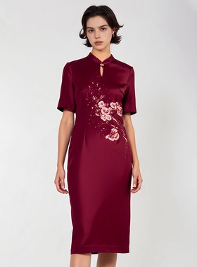 六礼宴会上档次女装高端轻奢喜婆婆品牌礼服酒红色连衣裙-17809