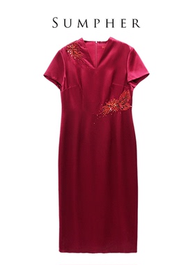 六礼宴会上档次女装高端轻奢喜婆婆品牌礼服酒红色连衣裙-17566