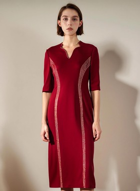 六礼宴会上档次女装高端轻奢喜婆婆品牌礼服酒红色连衣裙-17867