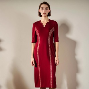 六礼宴会上档次女装高端轻奢喜婆婆品牌礼服酒红色连衣裙-17867