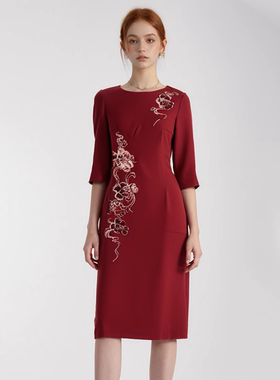 【六礼】A1品牌折扣女装高端洋气百搭气质通勤酒红色连衣裙-17319