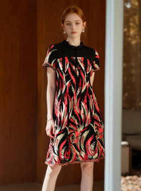 六礼精选品牌女装高端时尚气质百搭黑红花连衣裙慕天姿A1-16073