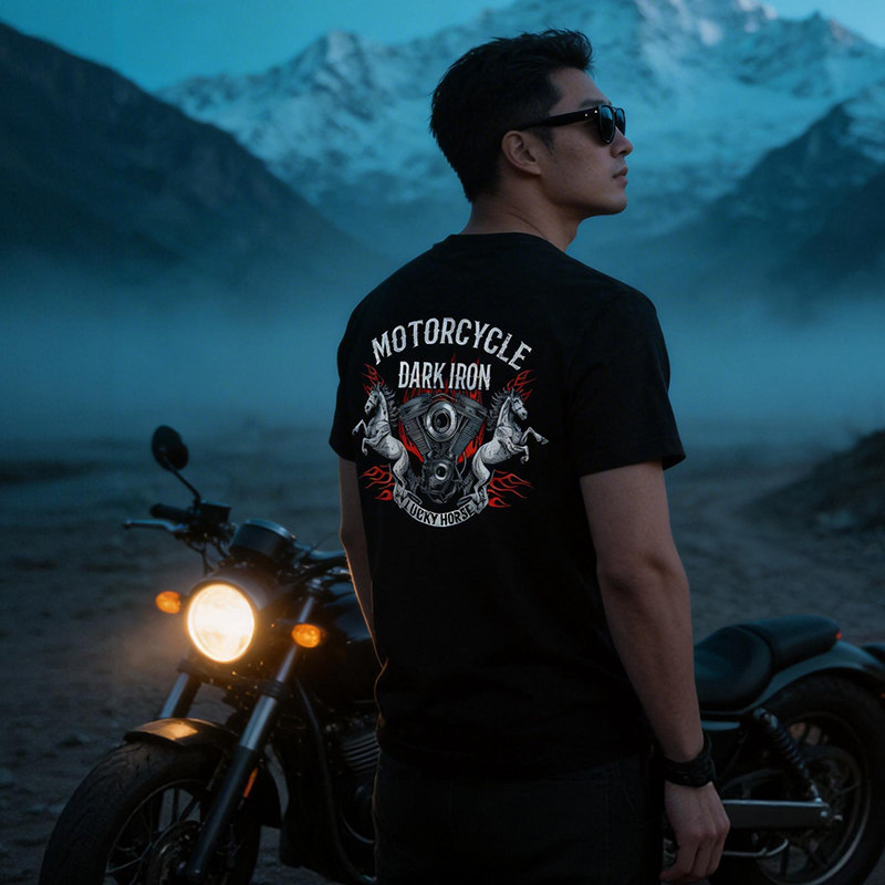 自由基地夏季新款马年图案机车创意印花设计motocycle队服短袖T恤