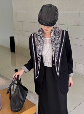 MLNH韩版配丝巾高级感小西装女秋季V领宽松显瘦两粒扣西服 35583