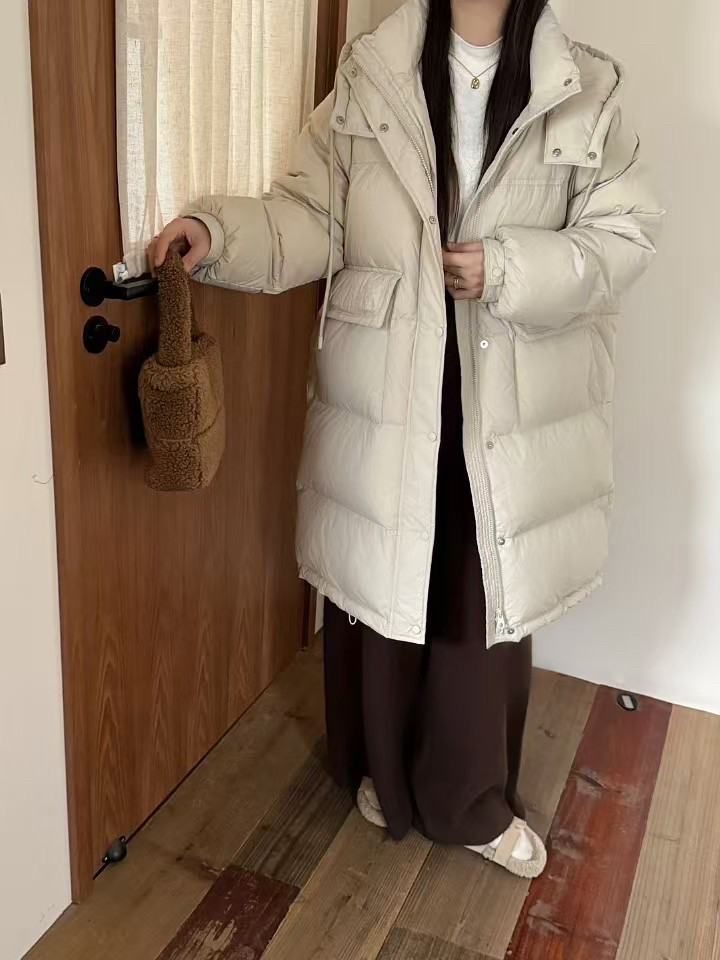 2024冬季新韩版宽松休闲中长款连帽保暖90白鸭绒羽绒服外套女8170