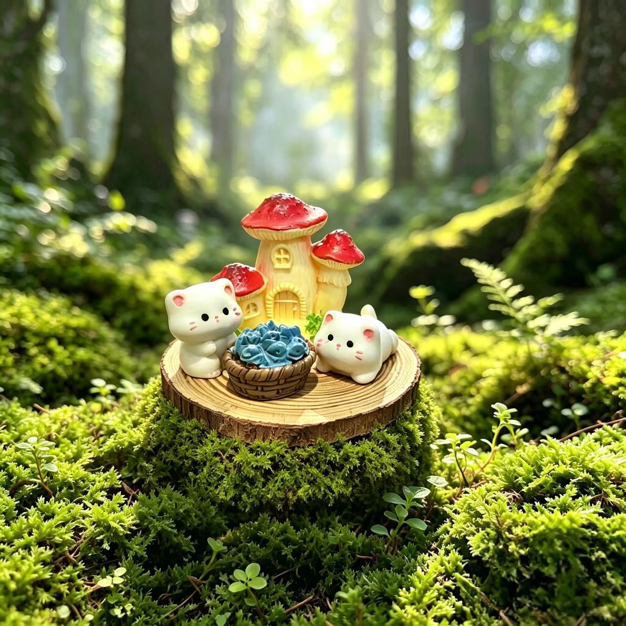 可爱治愈小猫蘑菇屋微景观摆件