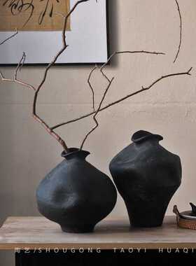 侘寂风复古陶瓷花器 样板房民宿插花装饰品 茶室意境花瓶摆件粗犷