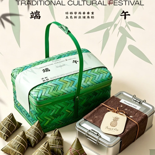 新中式实木竹编篮包装手提篮