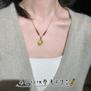 新中式黄财神吊坠项链复古国风轻奢帝王砂朱砂绿松石串珠锁骨链