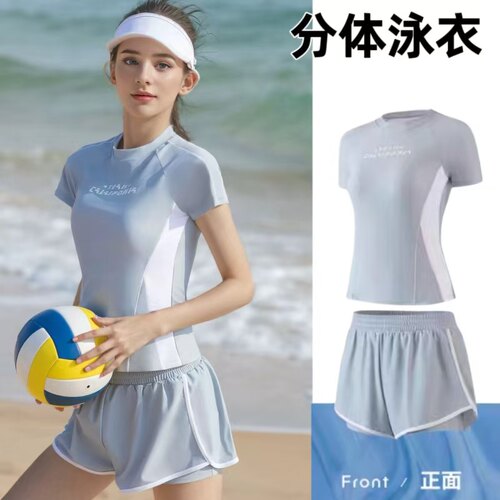 女士分体短袖时尚假两件泳裤泳衣