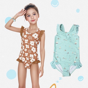 Amber外单儿童三角连体泳衣女童洋气公主木耳边海边玩水小中大童
