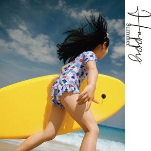 Amber儿童泳衣女童专业三角连体可爱公主风短袖 拉链冲浪小中大童