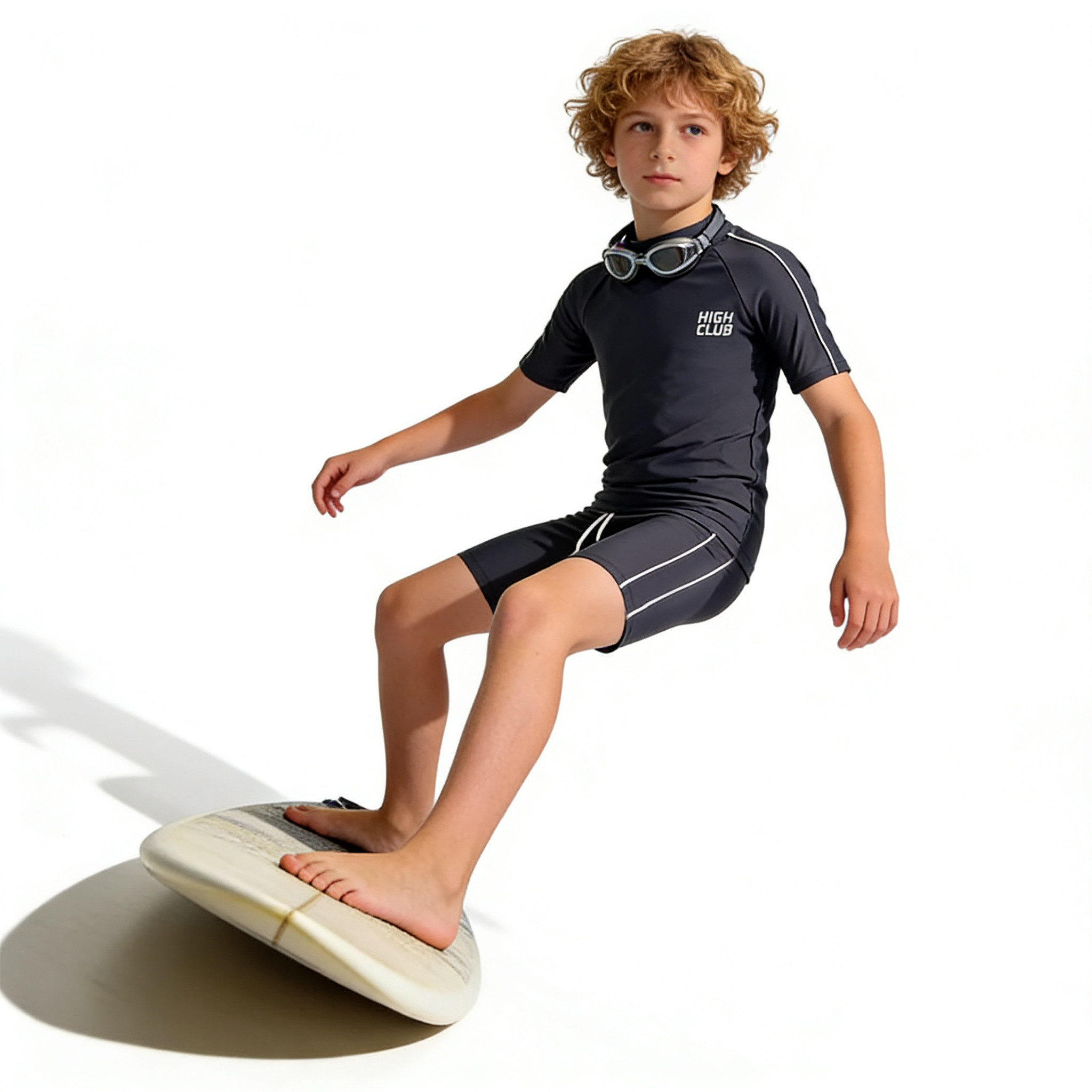 Amber外单UPF50儿童泳衣短袖男童冲浪抽绳款套装简约线条小中大童