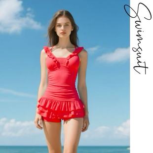 Amber外单女士裙式 连体游泳衣聚拢挂脖纯欲高级感度假遮肚带胸垫