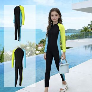 Amber外单儿童游泳衣女童连体防晒长袖 冲浪潜水温泉中大童带胸垫