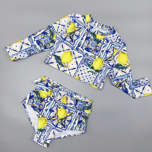 Amber外单儿童分体游泳衣女童长袖 女孩可爱印花小中大童 防晒套装