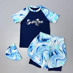 Amber青少年假两件沙滩裤泳衣防尴尬男生大童短袖三件套装初中生