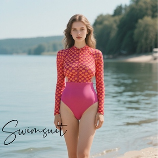 Amber外单游泳衣女士三角连体长袖 拉链防晒冲浪潜水服速干带胸垫