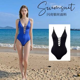 Amber外单高级感闪亮银丝游泳衣女士绝美超性感泡温泉连体带胸垫